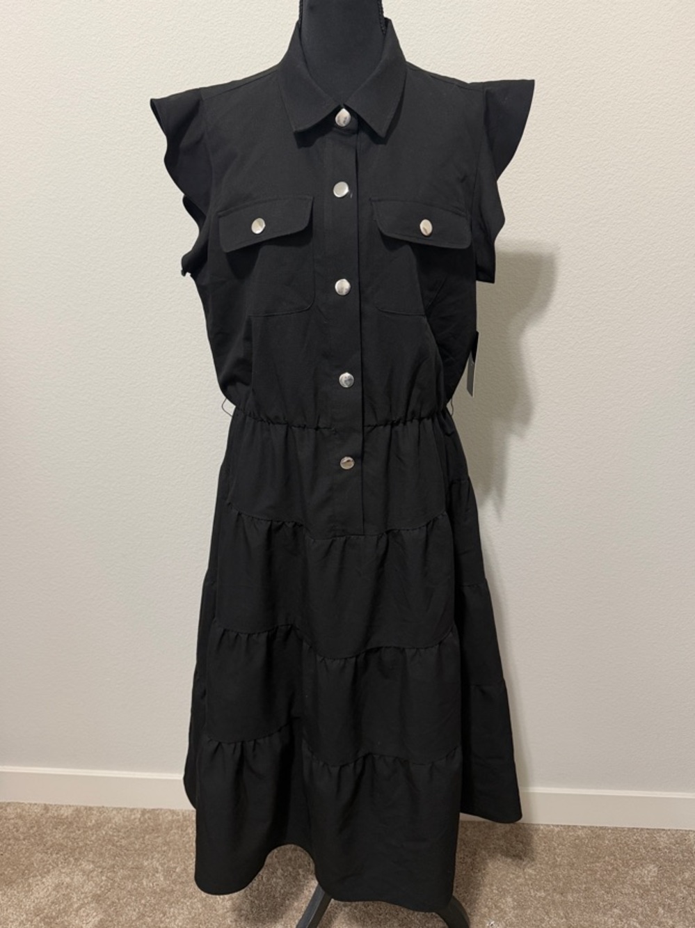 Tahari Black Sleeveless Button-Front Tiered Midi Dress